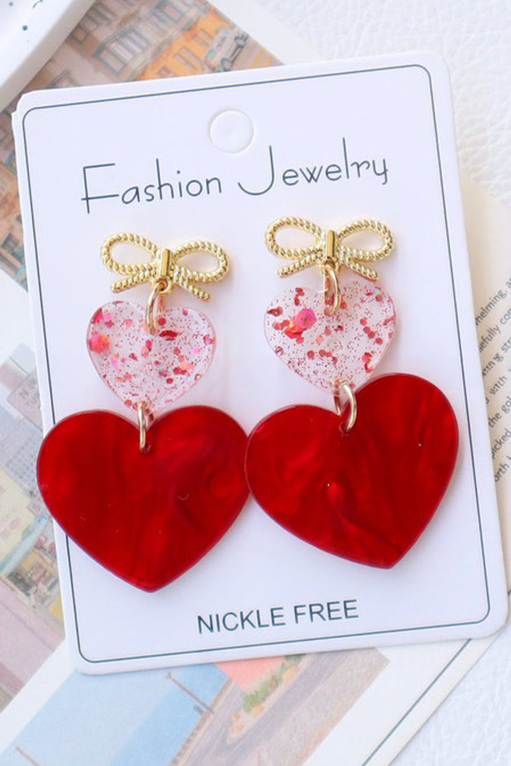 Fiery Red Heart Bowknot Valentines Earrings