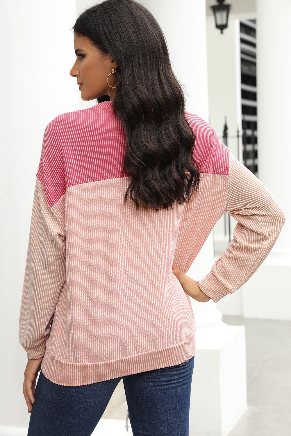 Green Color Block Long Sleeve Ribbed Loose Top