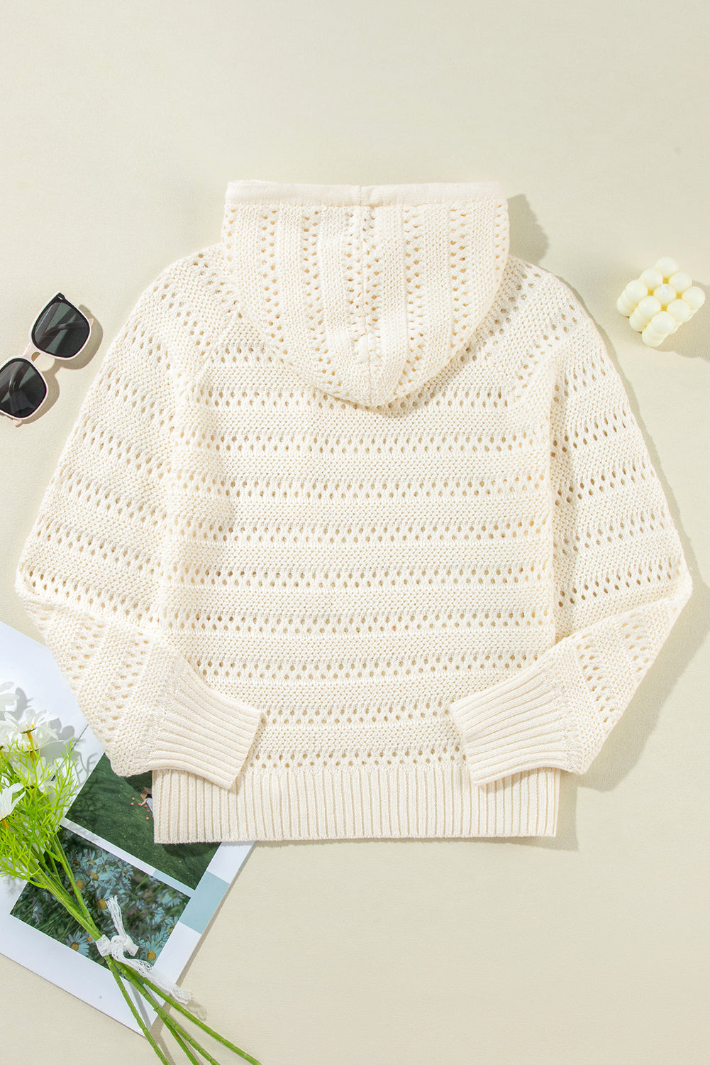 Pointelle Knit Raglan Sleeve Drawstring Hooded Sweater