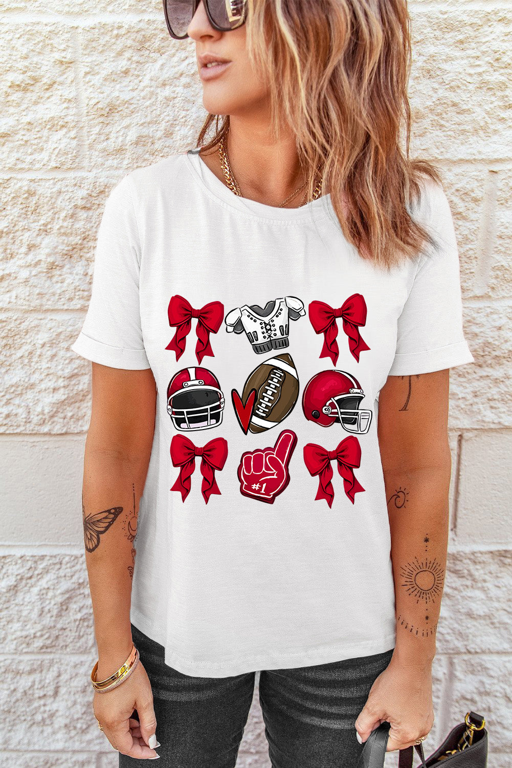 White-2 Rugby Cheer Helmet Bow Graphic Tee