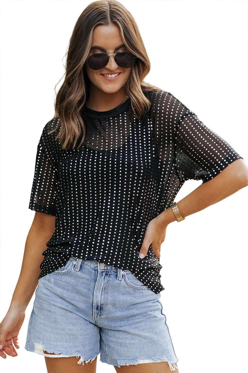 Sequin Drop Shoulder Sheer T-shirt