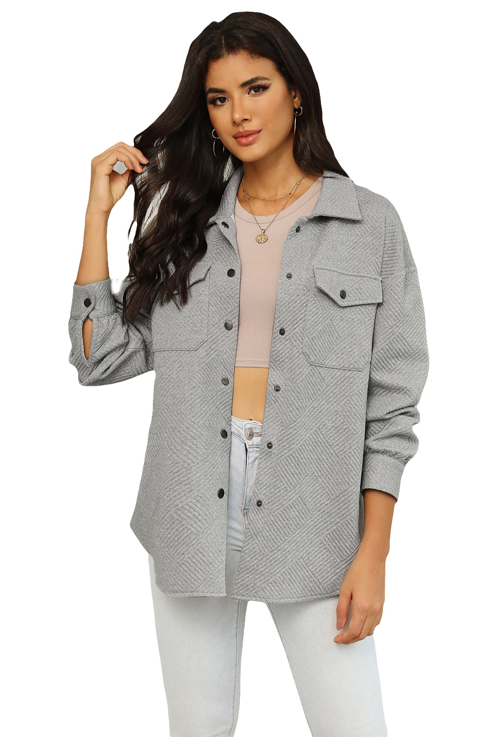 Gray Solid Textured Flap Pocket Buttoned Shacket