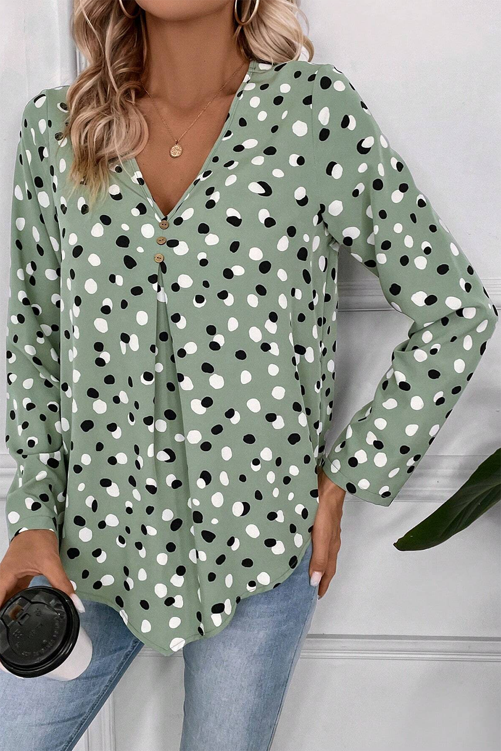 Dotted Print Button Front V Neck Blouse