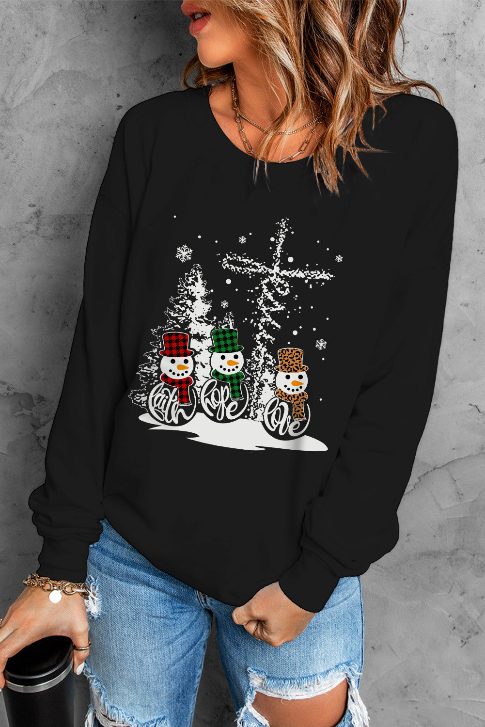 Khaki Merry Christmas Hat Leopard Print Graphic Sweatshirt