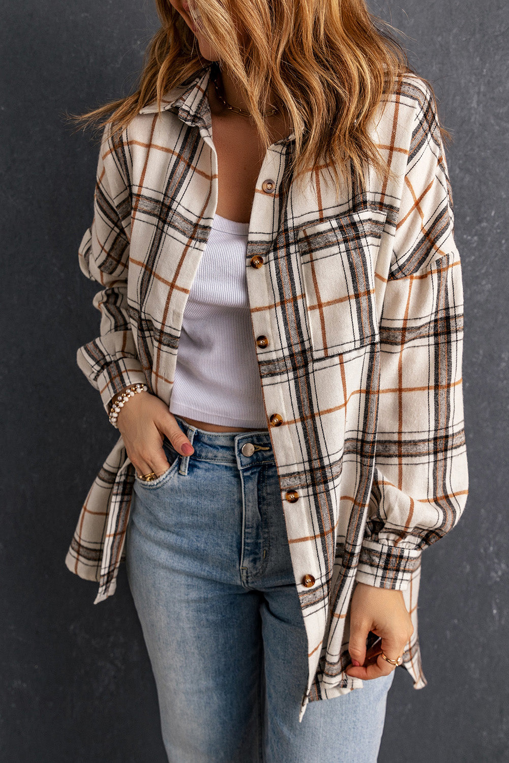 Oversized Plaid Pattern Shacket with Slits