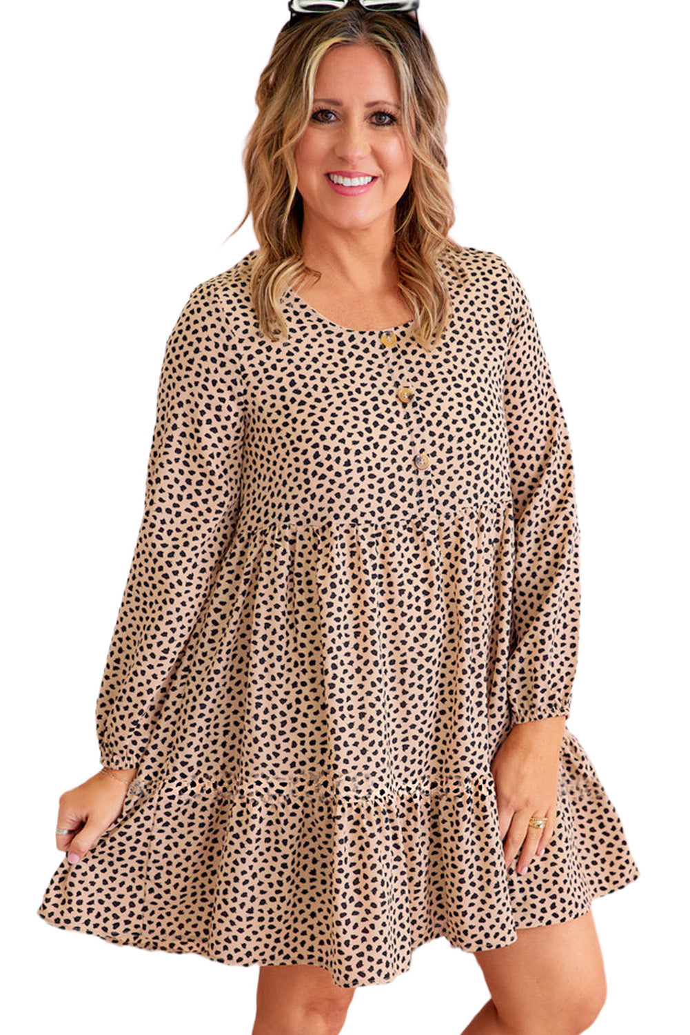 Leopard Spotted Print Tiered Long Sleeve Plus Size Dress