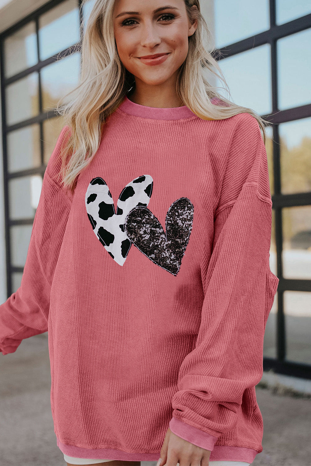 Strawberry Pink Leopard Sequin Heart Graphic Corded Sweatshirt