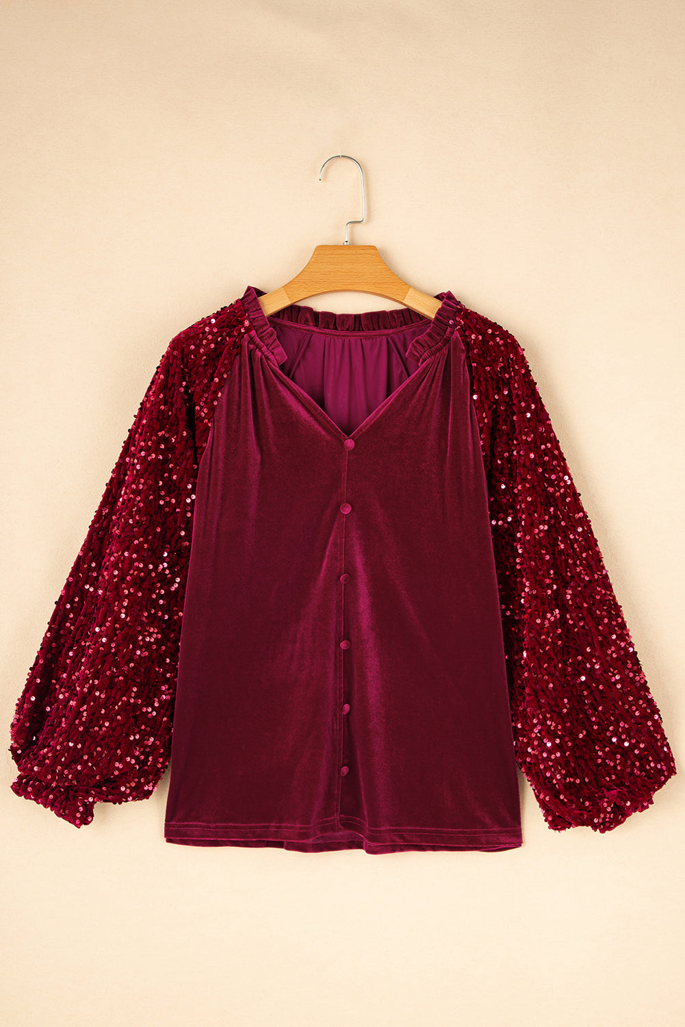 Dahlia Velvet Sequin Patchwork Sleeve Button Up Blouse