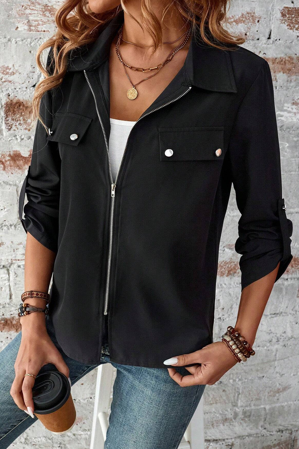 Collar Tab Sleeve Zip Up Jacket