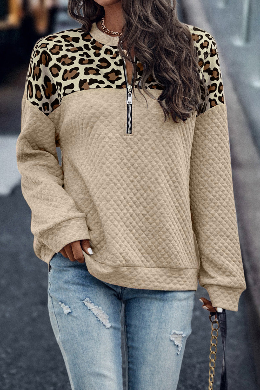 Leopard Quilted Drop Shoulder Half Zipped Sweatshirt