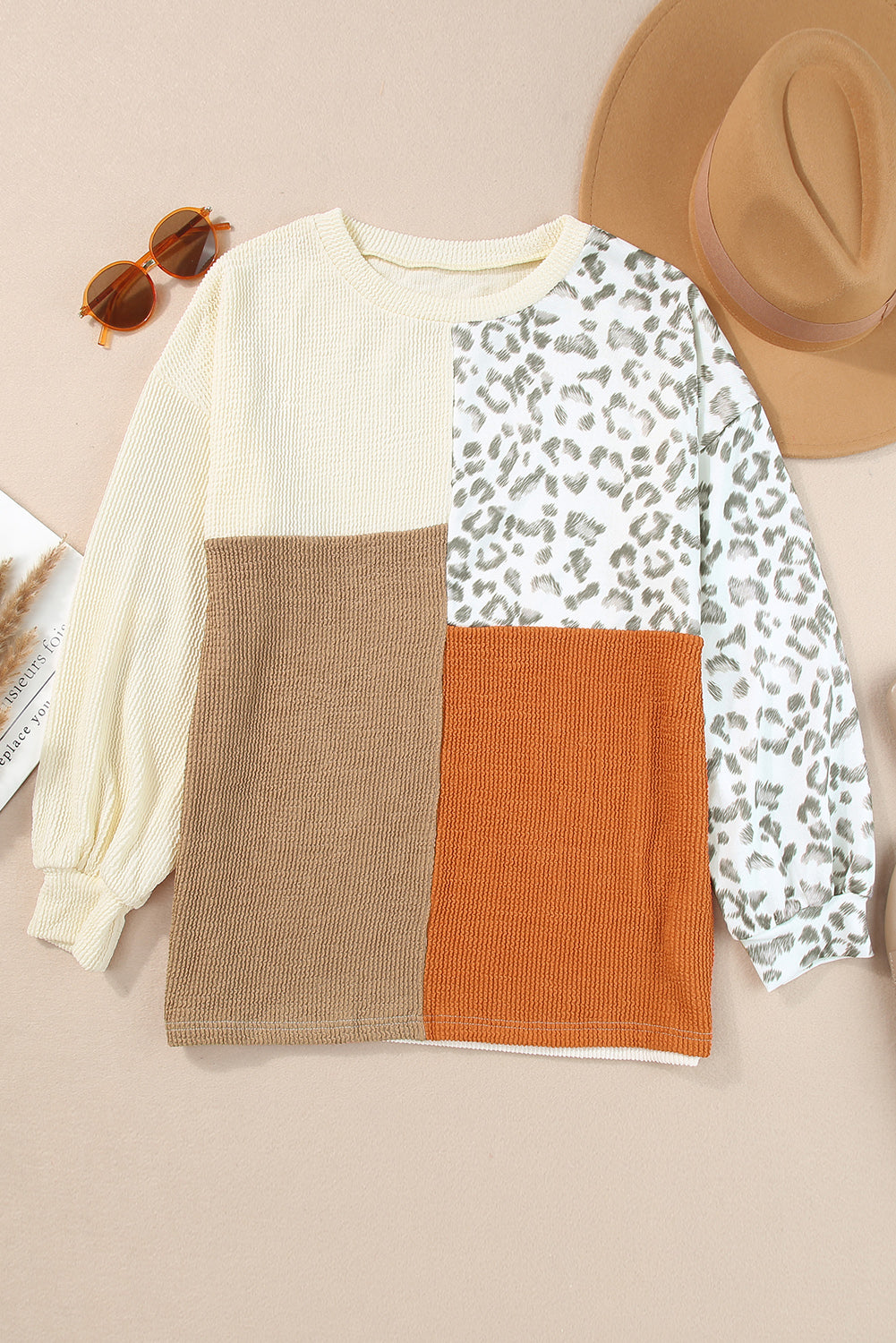 Leopard Patchwork Color Block Ribbed Long Sleeve Top