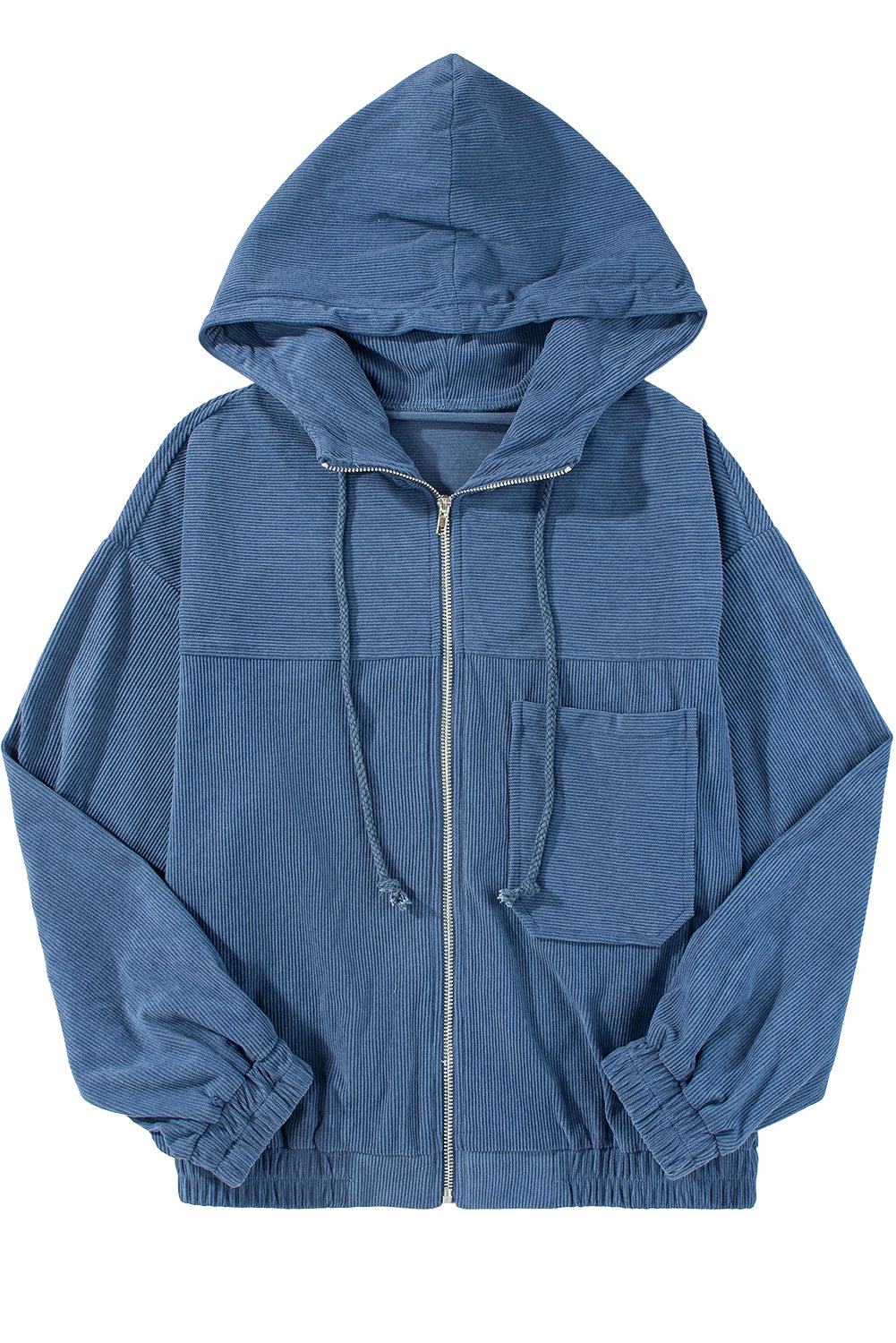 Corduroy Drawstring Hooded Pocket Zip Up Jacket