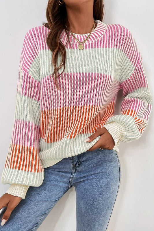 Colorblock Lantern Sleeve Rib Knitted Sweater