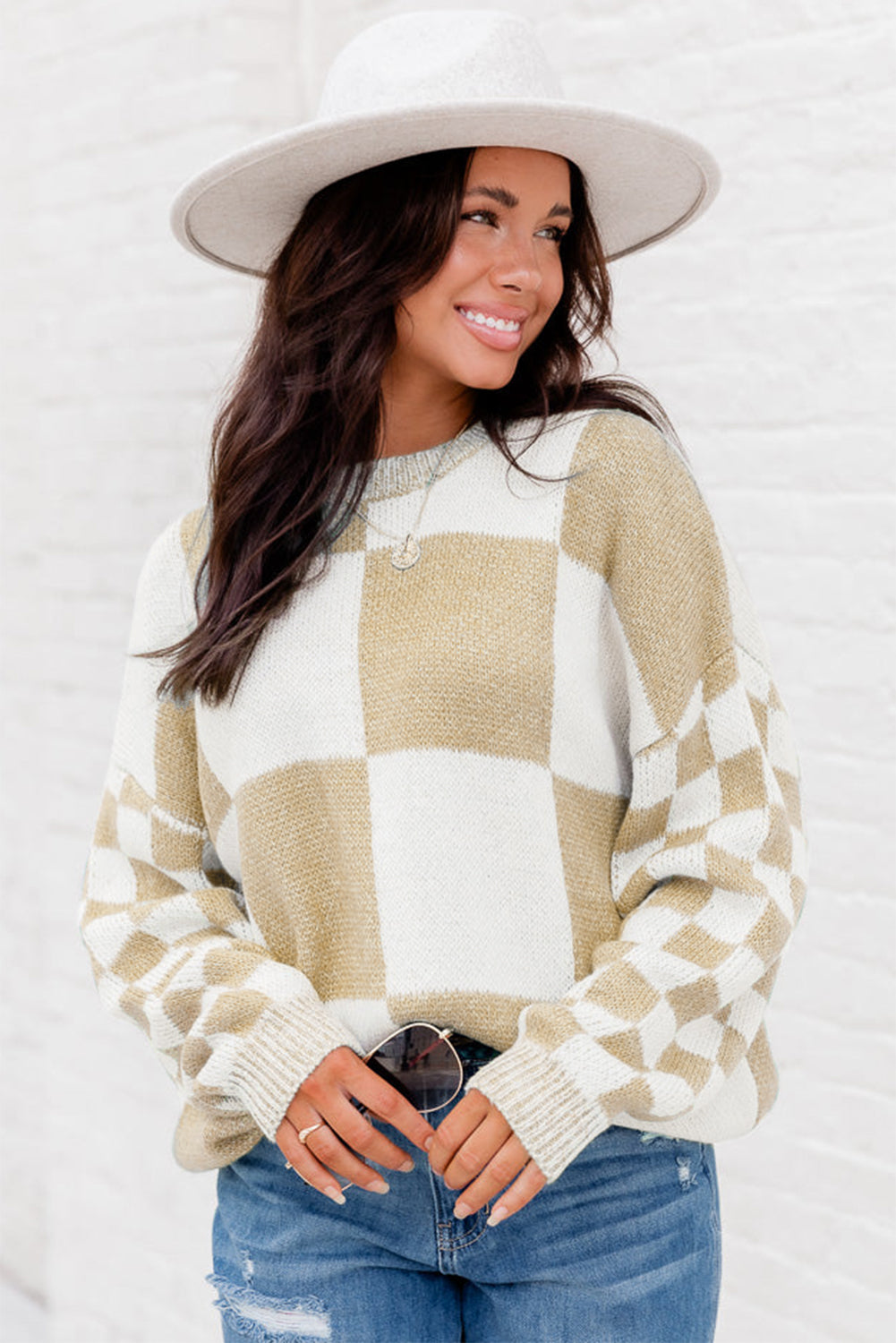 Plaid Knitted Drop Shoulder Sweater