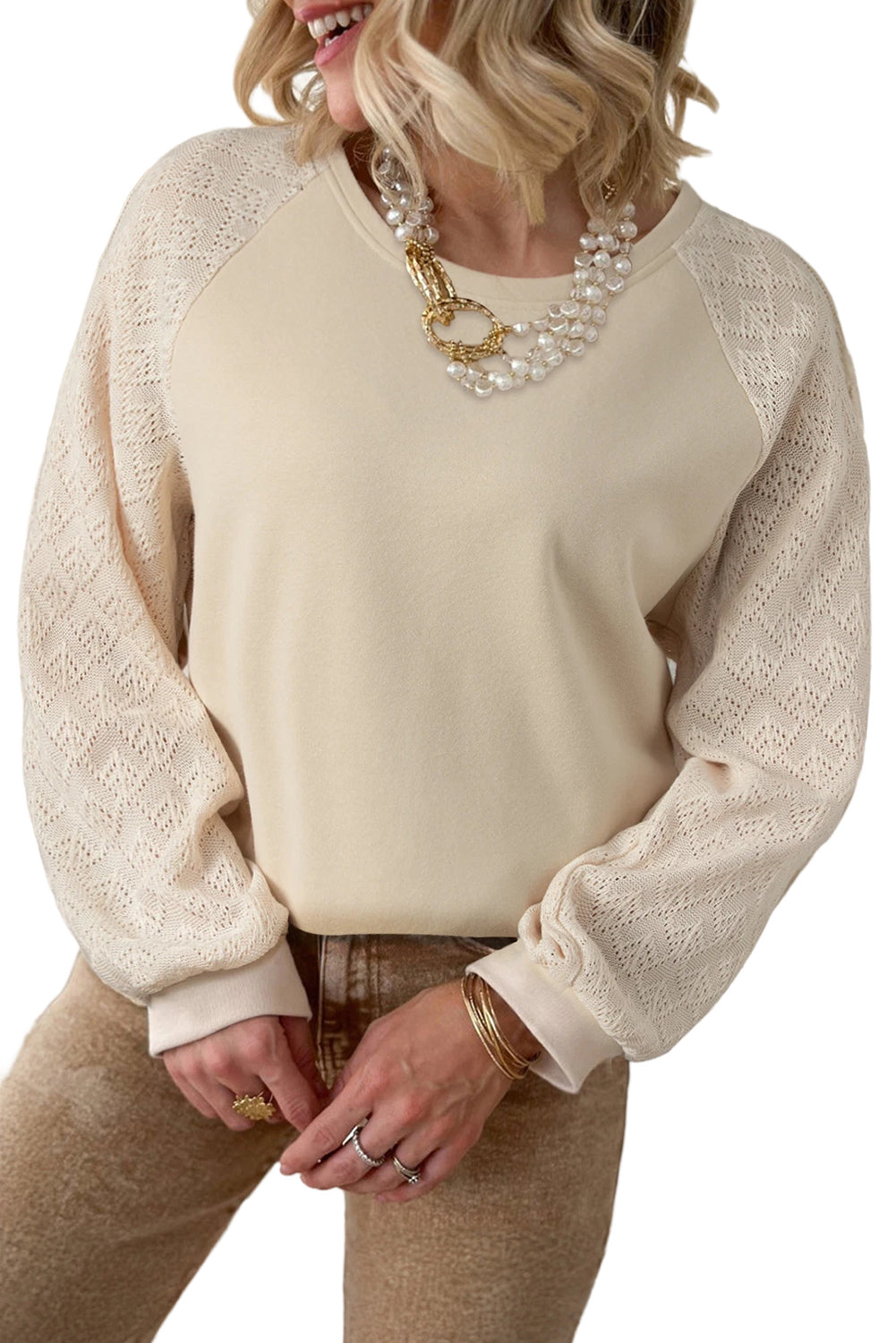 Eyelet Knit Patchwork Raglan Sleeve Sweatshirt