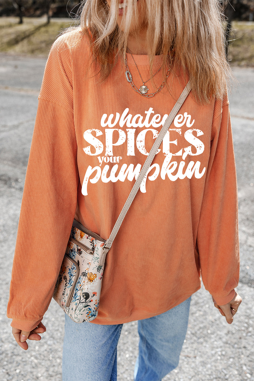 Crinkle Rib Whatever Spices Your Pumpkin Graphic Sweatshirt