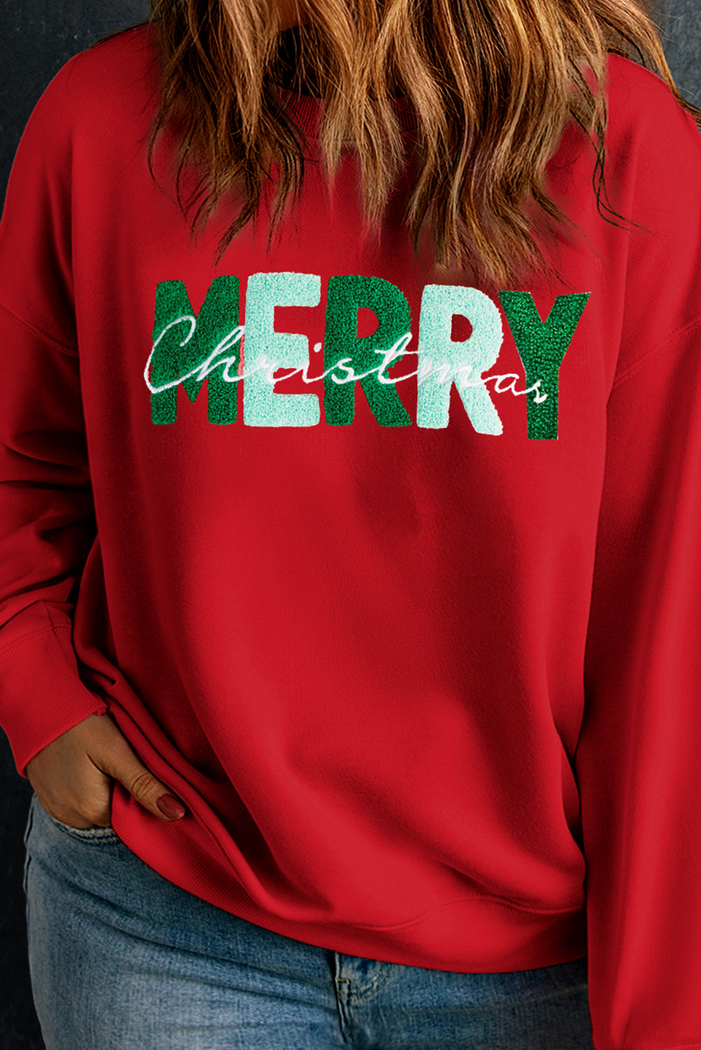 Racing Red MERRY Christmas Pattern Drop Shoulder Plus Size Sweatshirt