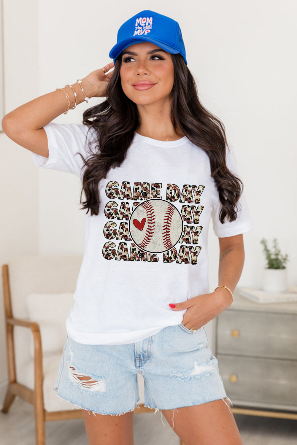 White Baseball GAME DAY Letter Print Graphic Tee