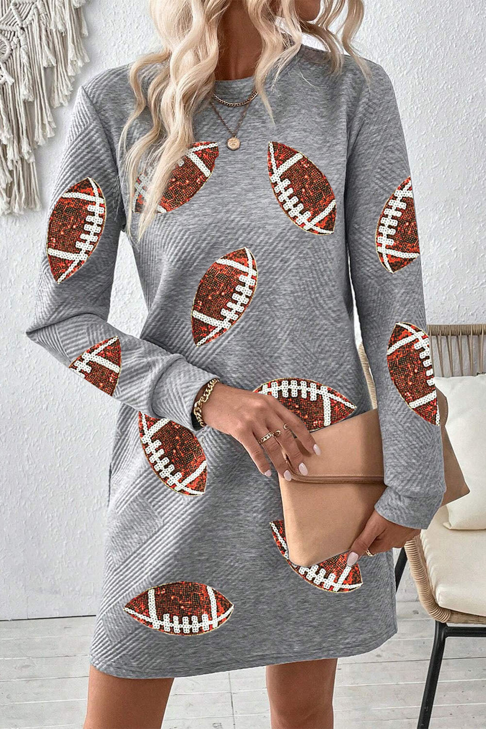 Sequin Rugby Graphic Round Neck Textured Mini Dress