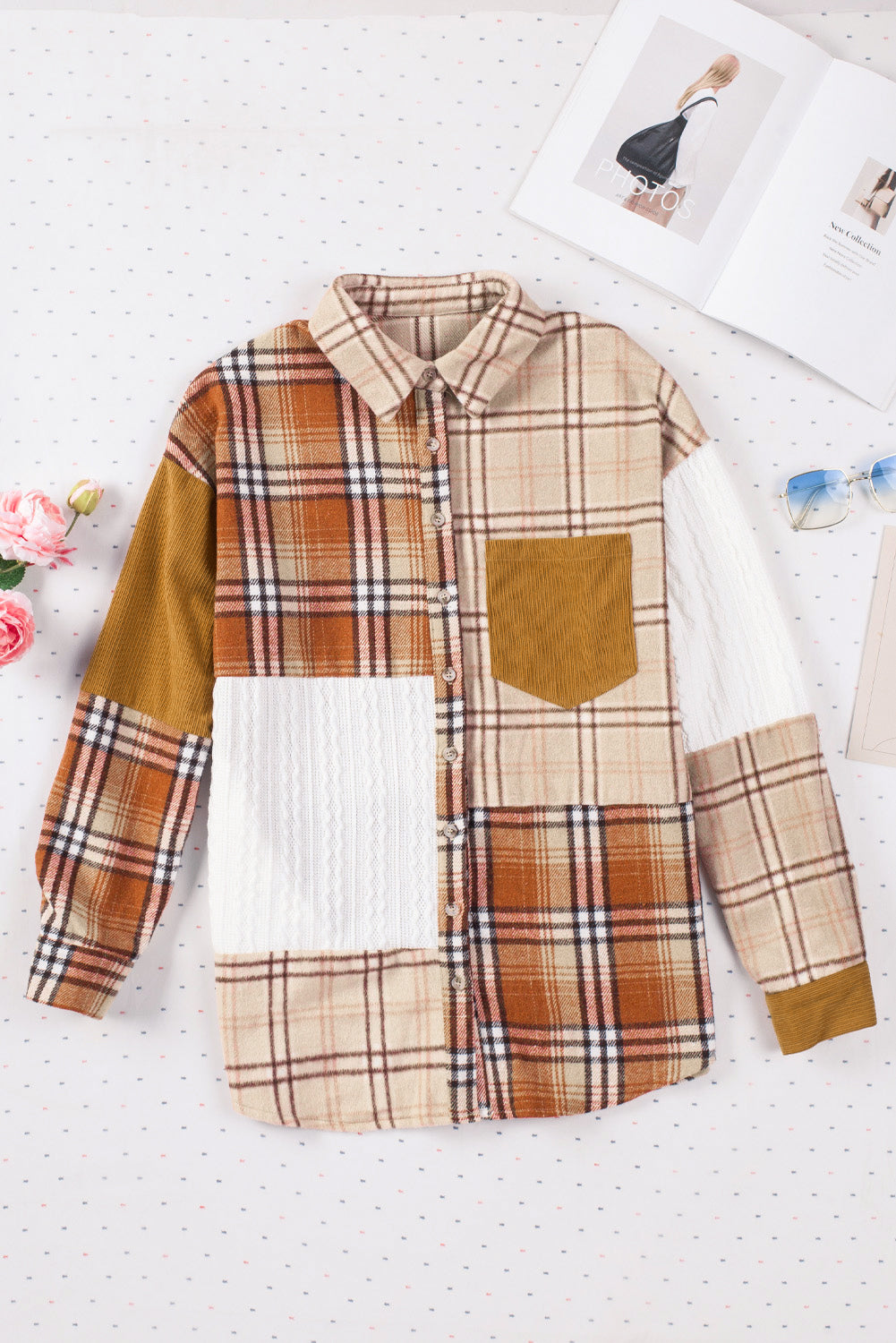 Brick Plus Size Plaid Patchwork Button up Shacket