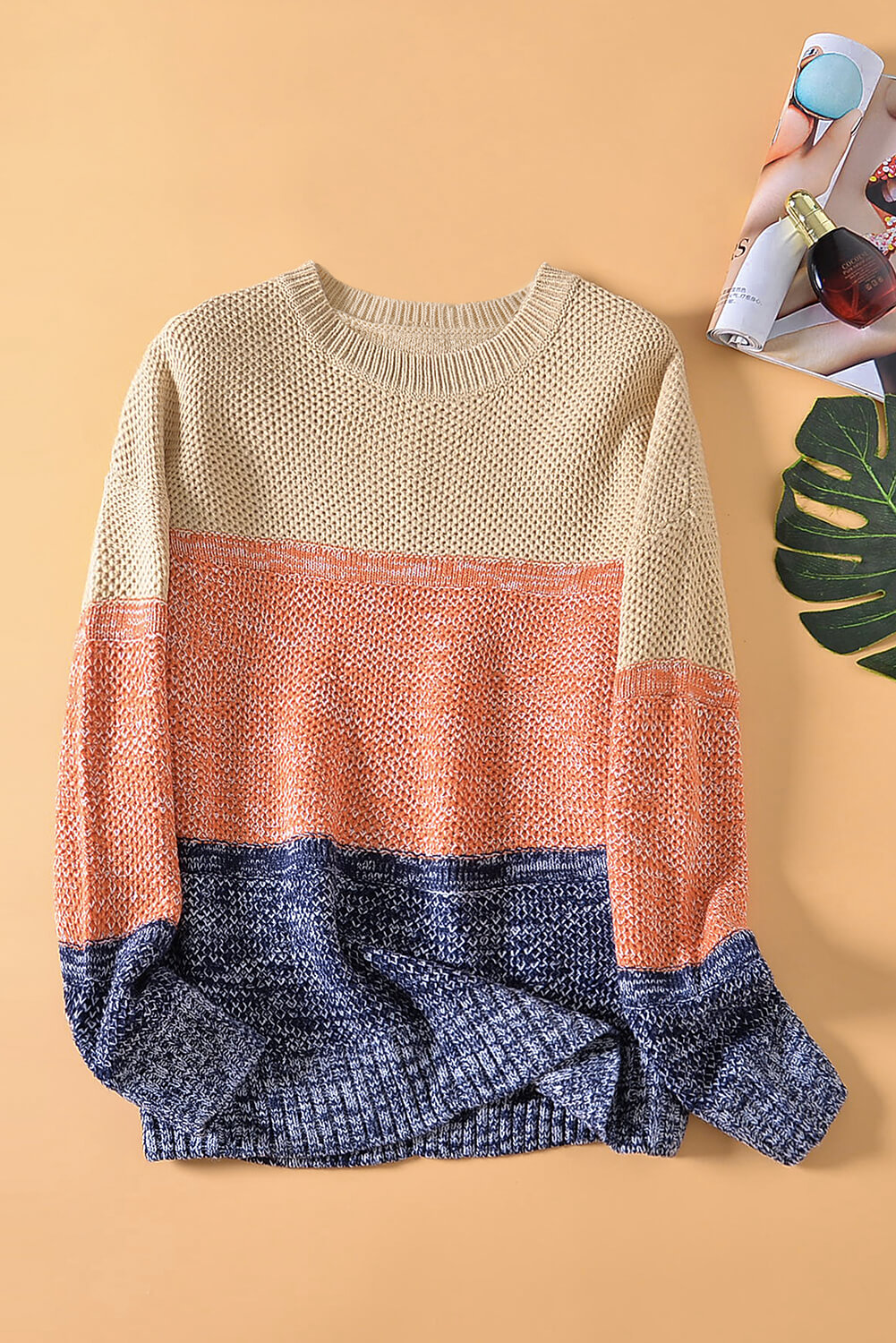 Color Block Netted Texture Pullover Sweater