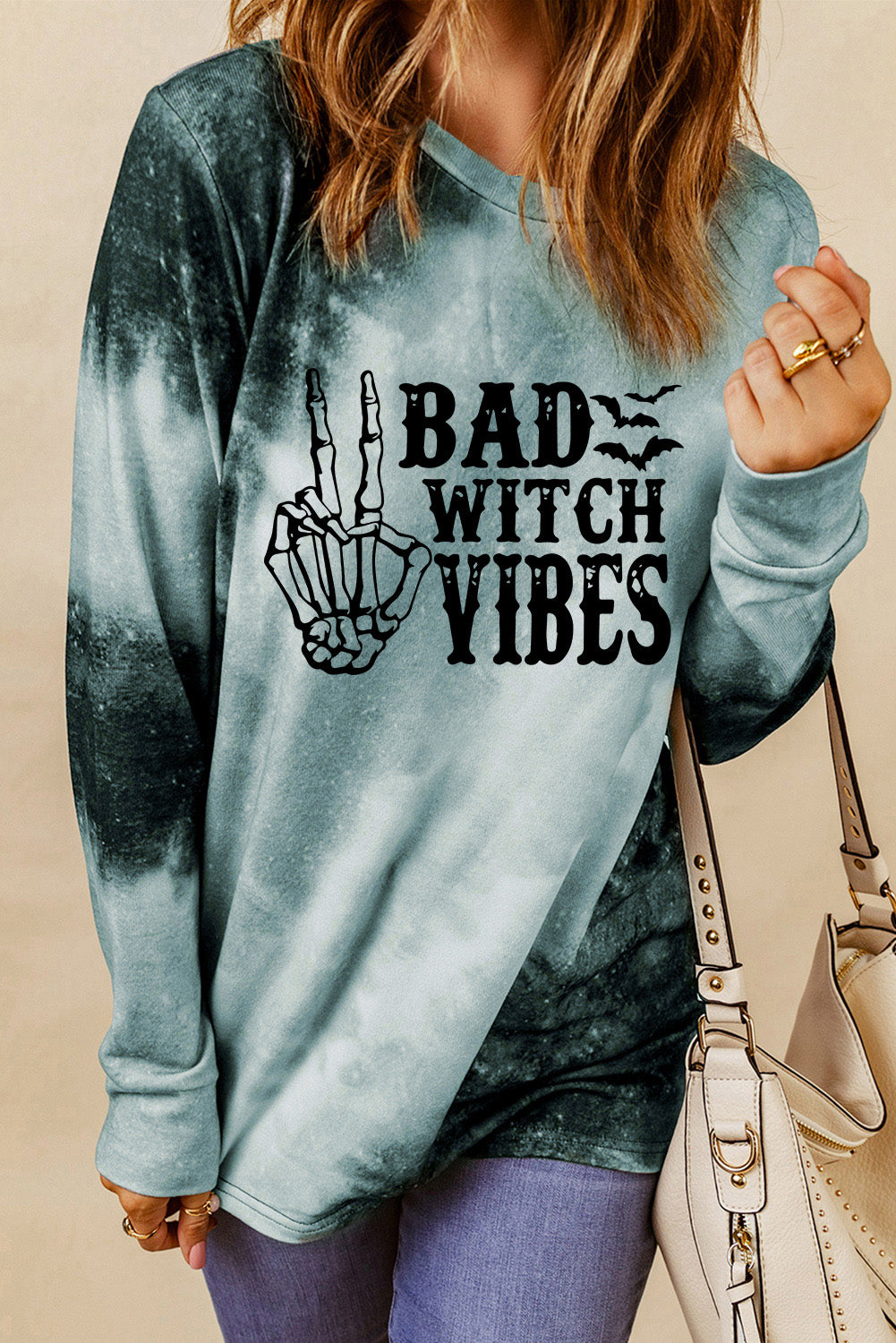 Gray Tie Dye BAD WITCH VIBES Graphic Long Sleeve Top