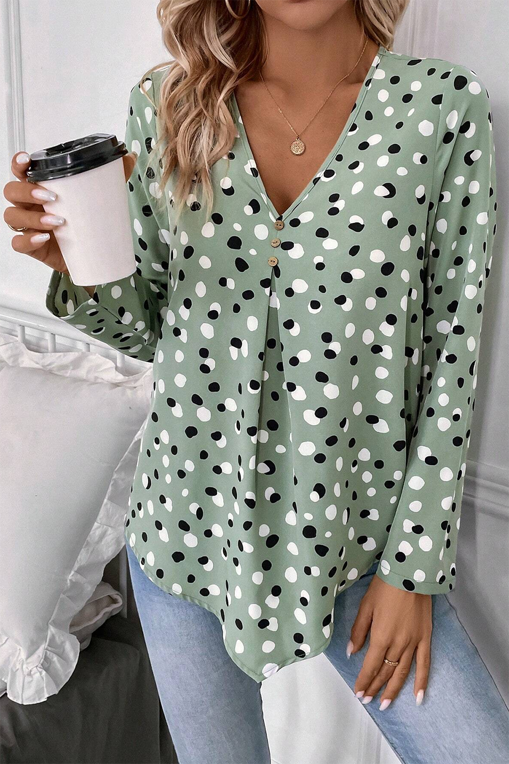 Dotted Print Button Front V Neck Blouse