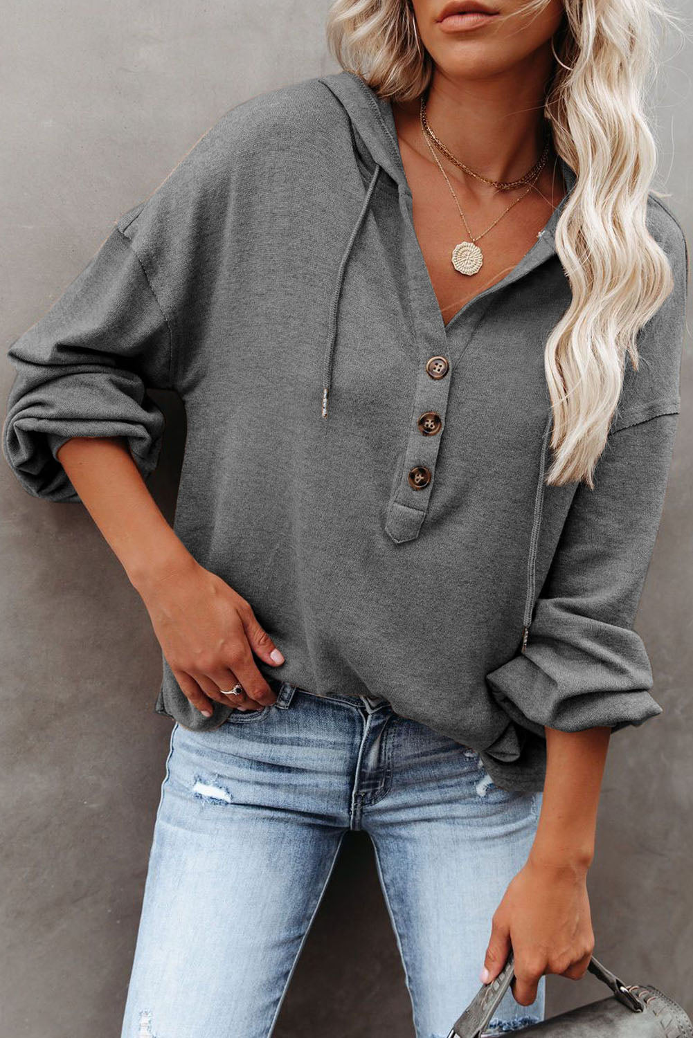 White Buttoned High and Low Hem Hoodie