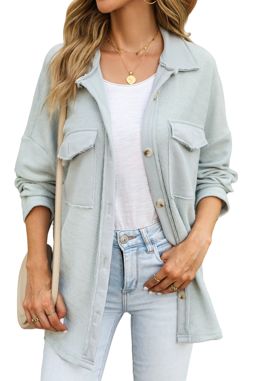 Solid Color Textured Button Up Shacket with Pockets