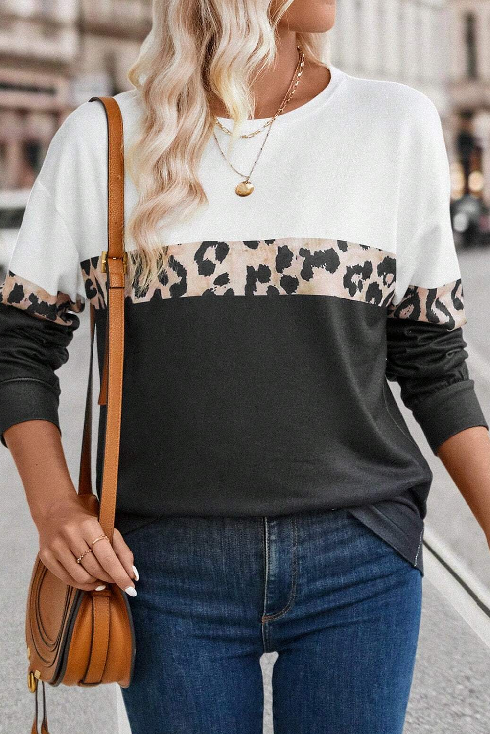 Leopard Colorblock Round Neck Long Sleeve Top