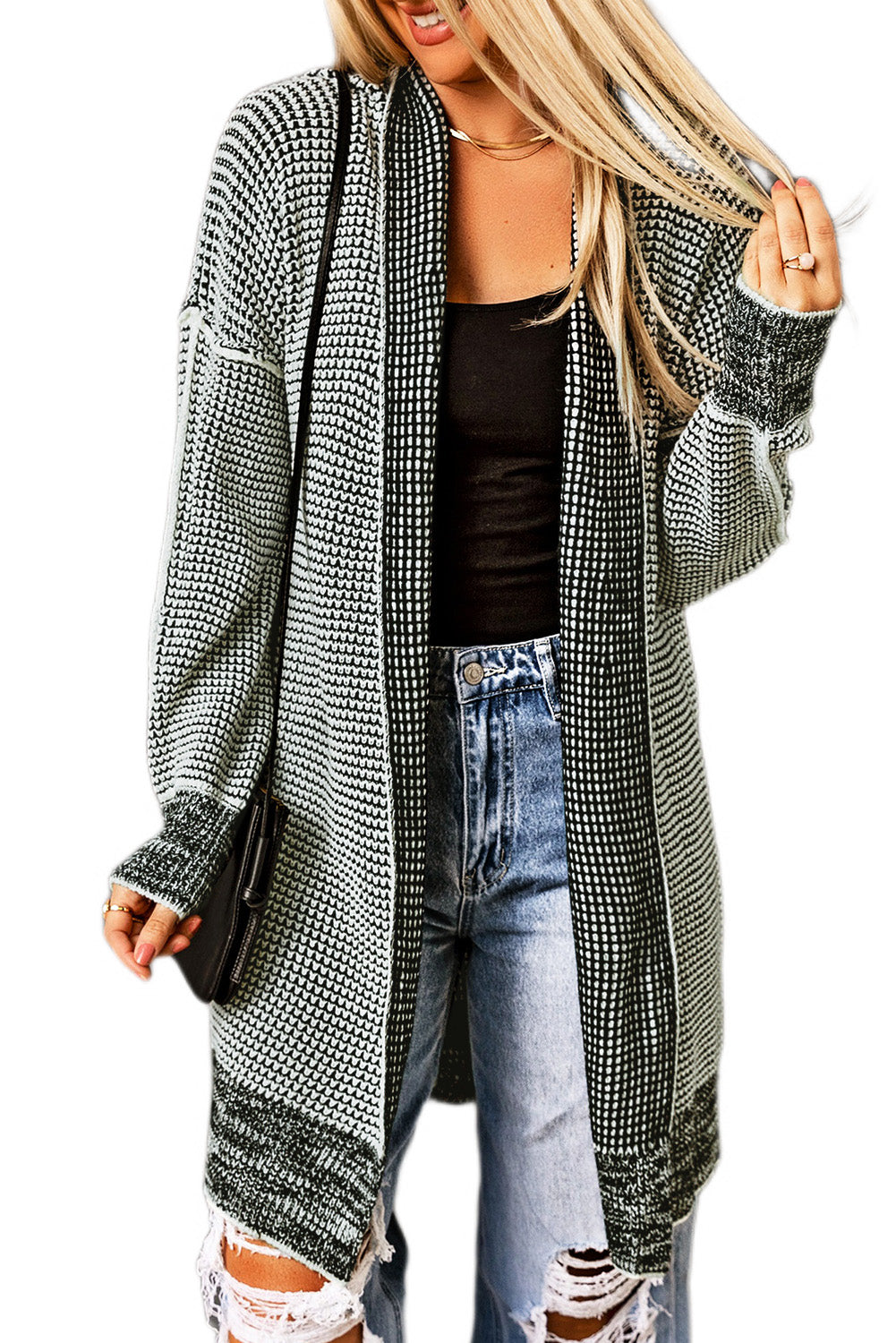 Plaid Casual Contrast Trim Knit Cardigan