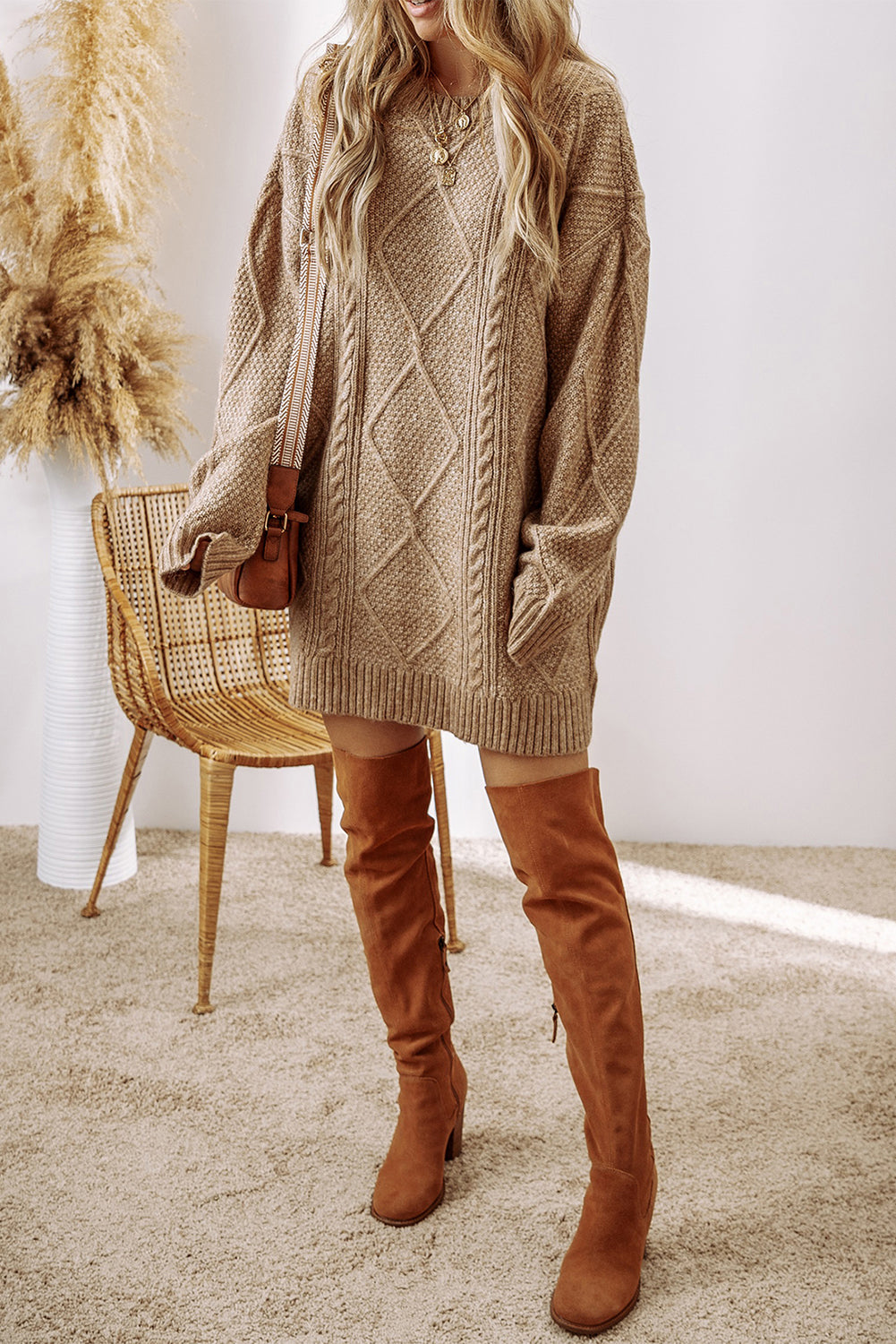 Twist Cable Knit Drop Shoulder Loose Fit Sweater Dress