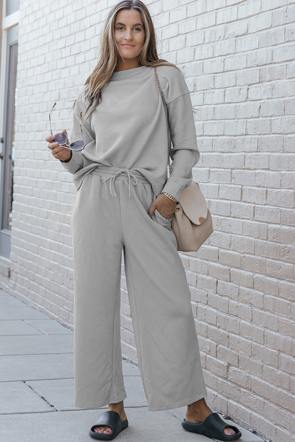 White Textured Long Sleeve Top and Drawstring Shorts Set