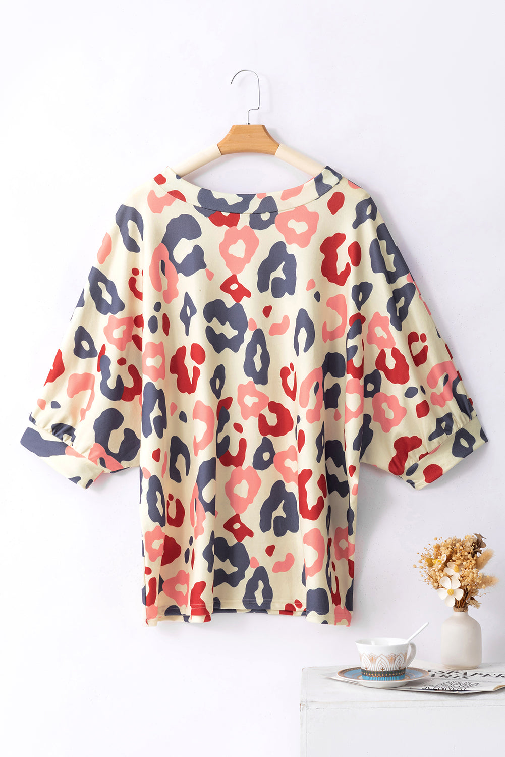 White Colorful Leopard Print Batwing Sleeve Plus Blouse