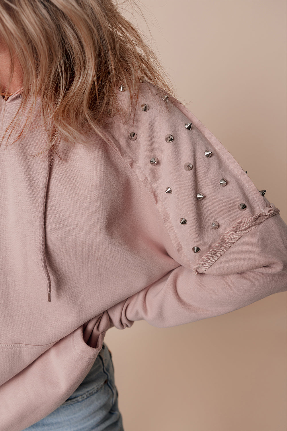 Stud Detail Kangaroo Pocket Drawstring Hoodie