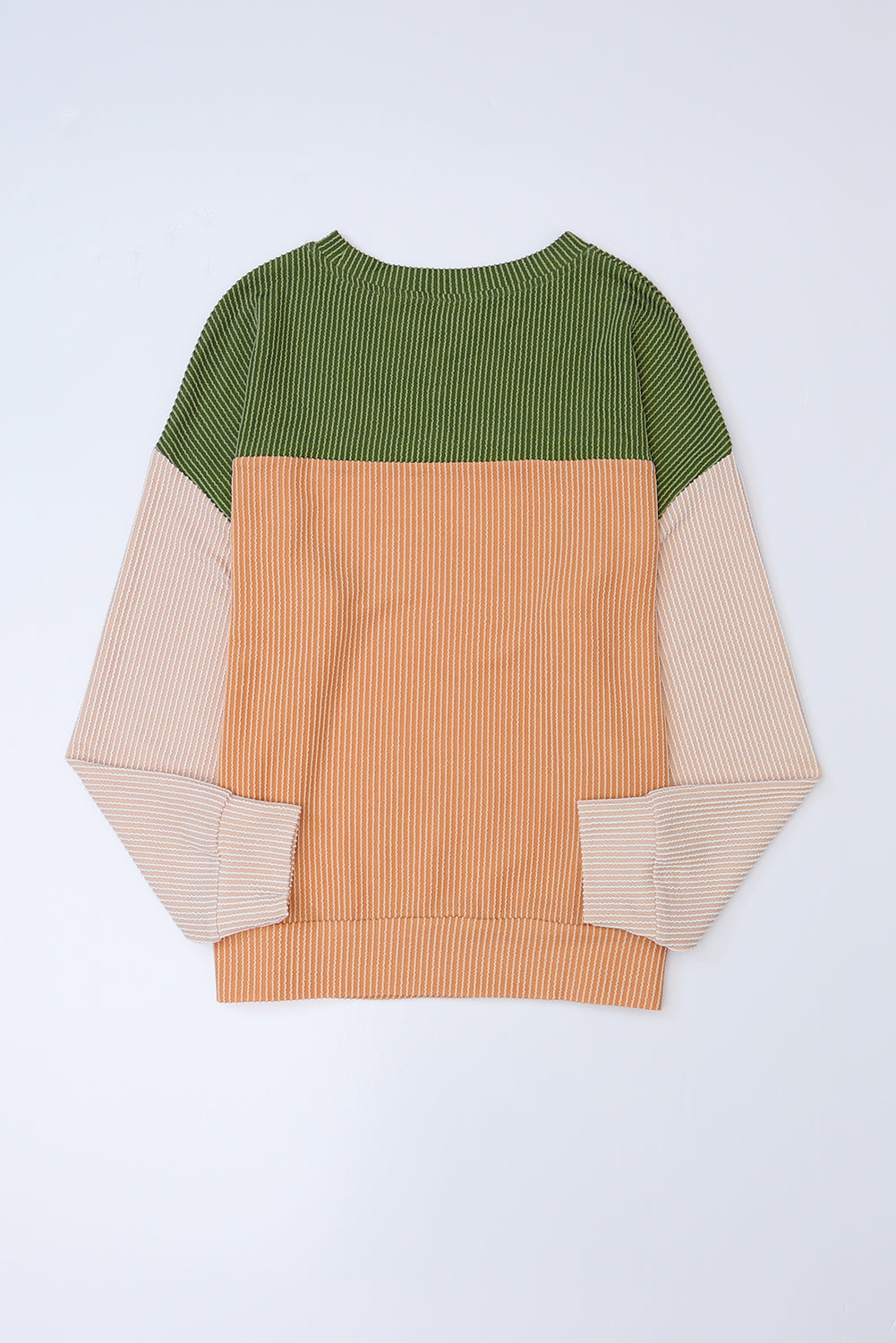 Green Color Block Long Sleeve Ribbed Loose Top