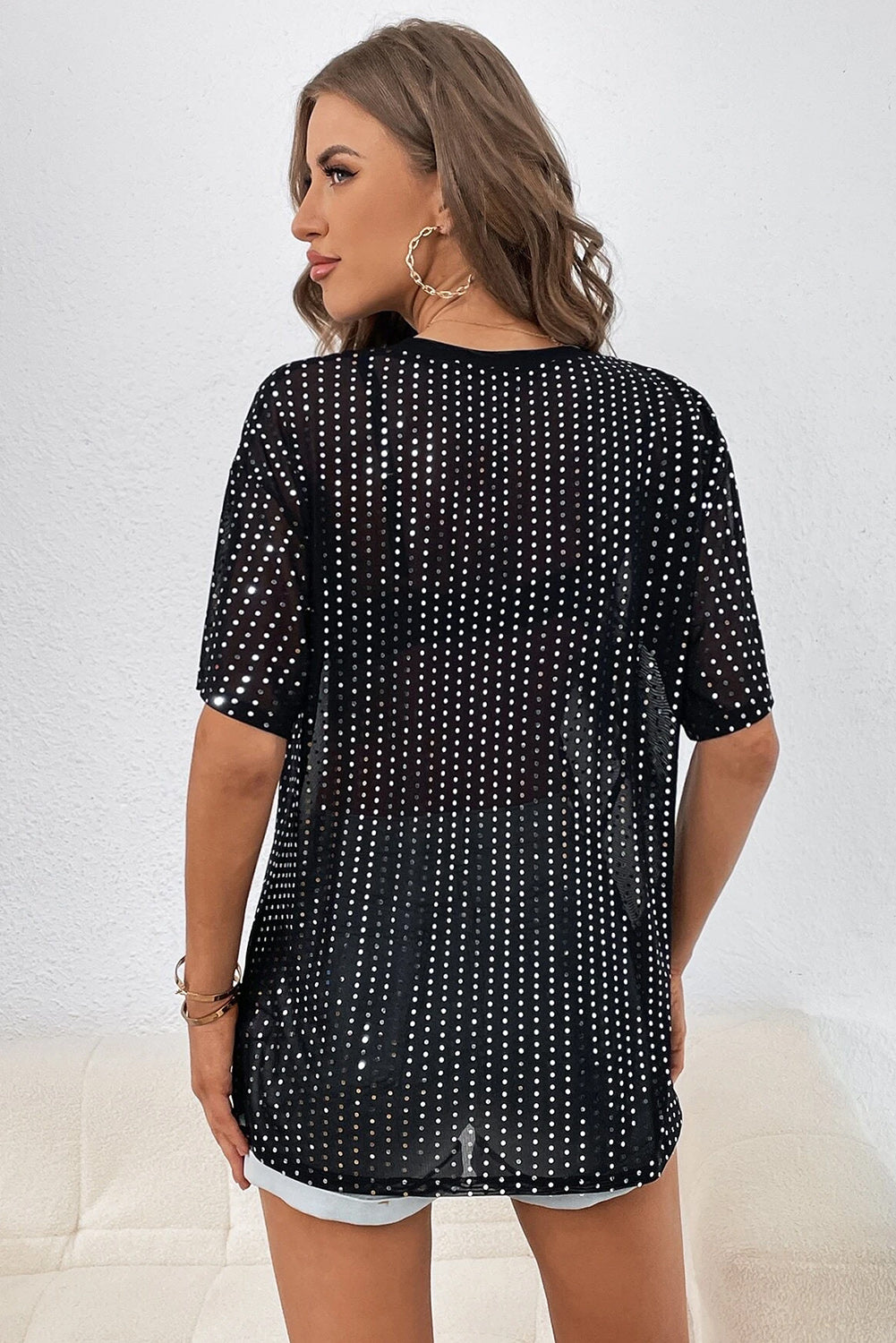 Sequin Drop Shoulder Sheer T-shirt