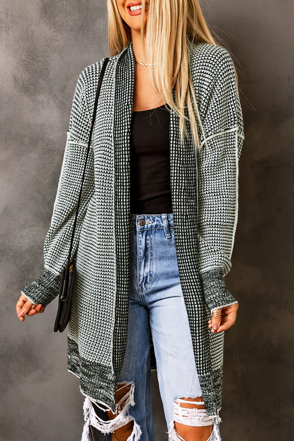 Plaid Casual Contrast Trim Knit Cardigan