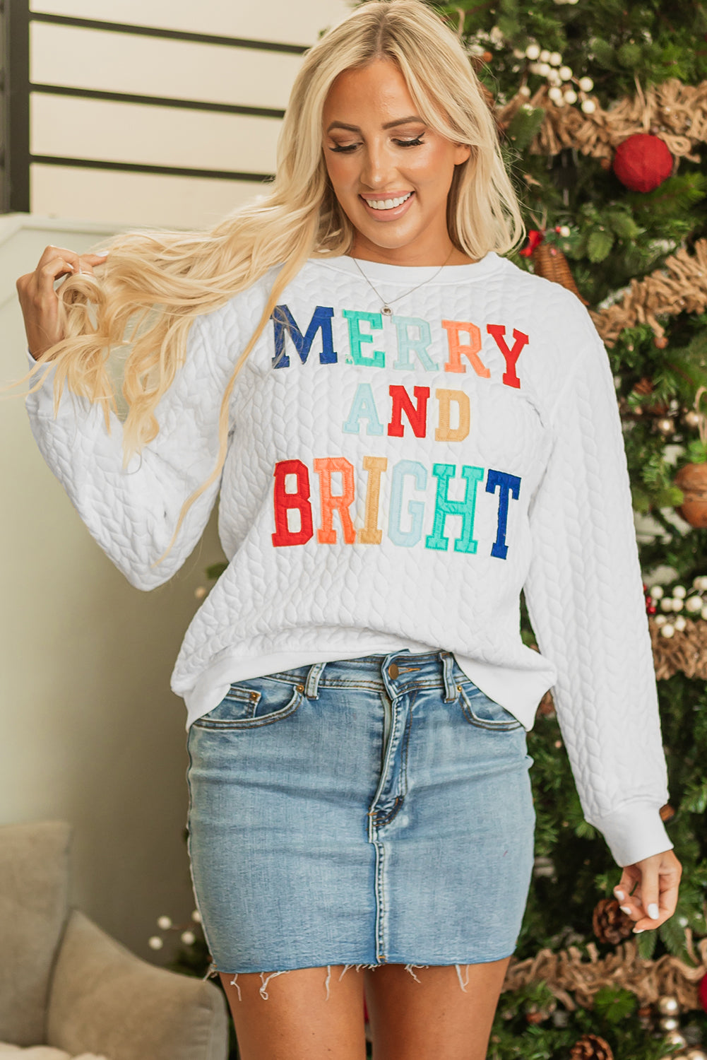 Merry And Bright Cable Knit Pullover Sweatshirt