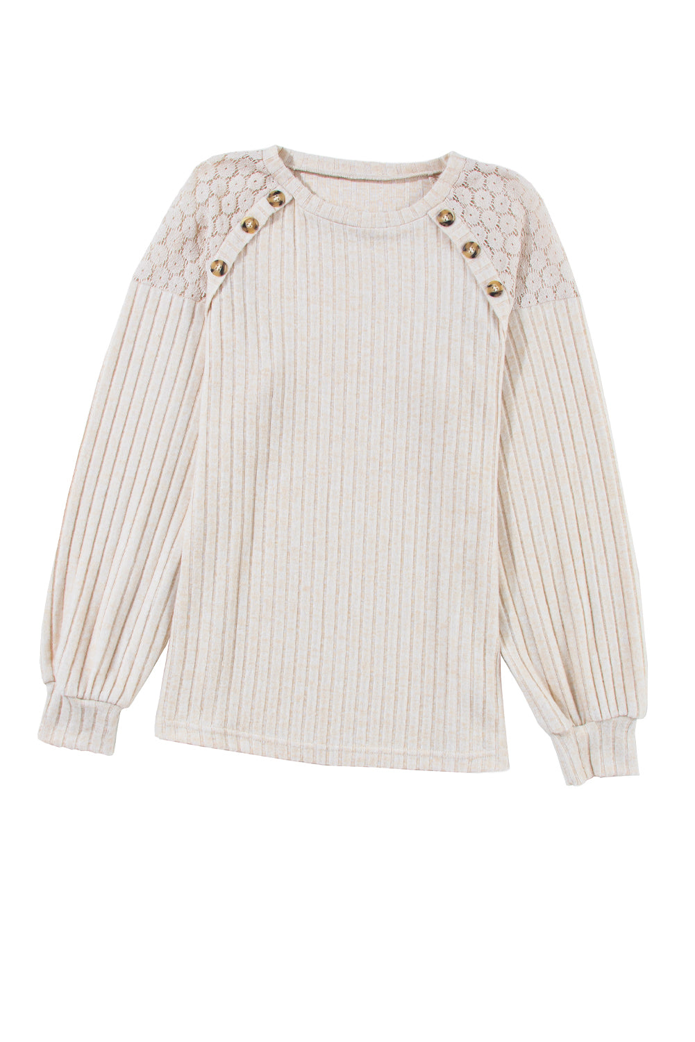 Contrast Lace Raglan Sleeve Buttoned Ribbed Top