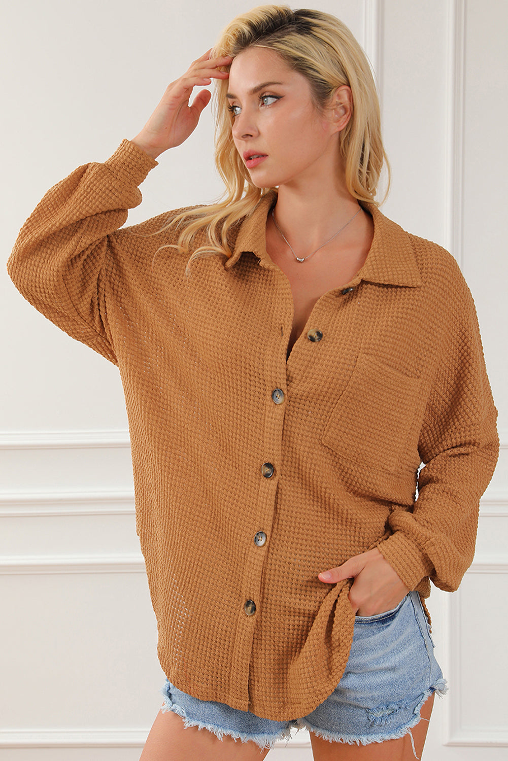 Plus Size Chest Pocket Waffle Knit Shirt