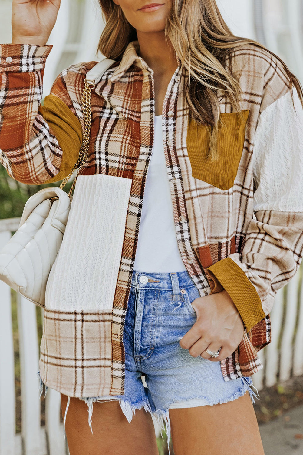 Brick Plus Size Plaid Patchwork Button up Shacket