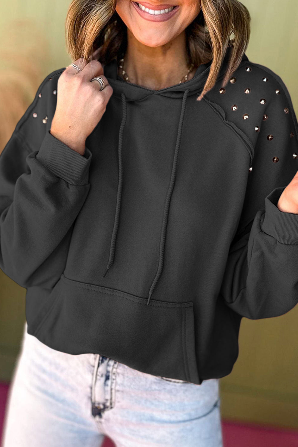 Stud Detail Kangaroo Pocket Drawstring Hoodie