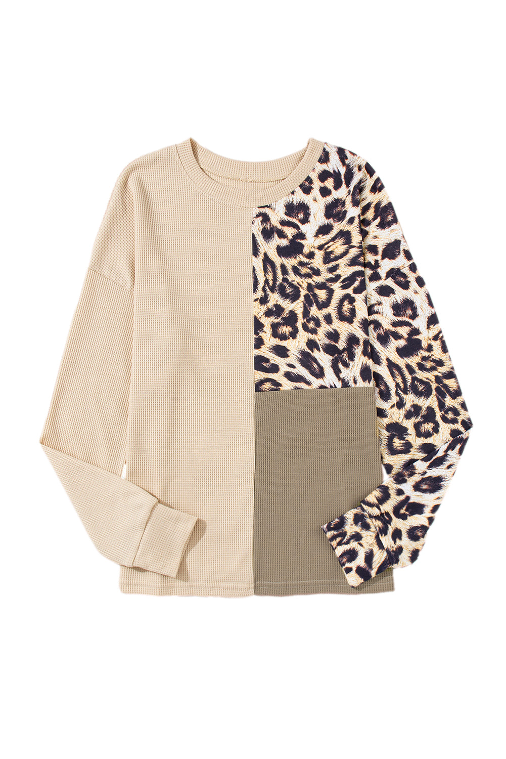 Casual Waffle Knit Leopard Contrast Long Sleeve Top