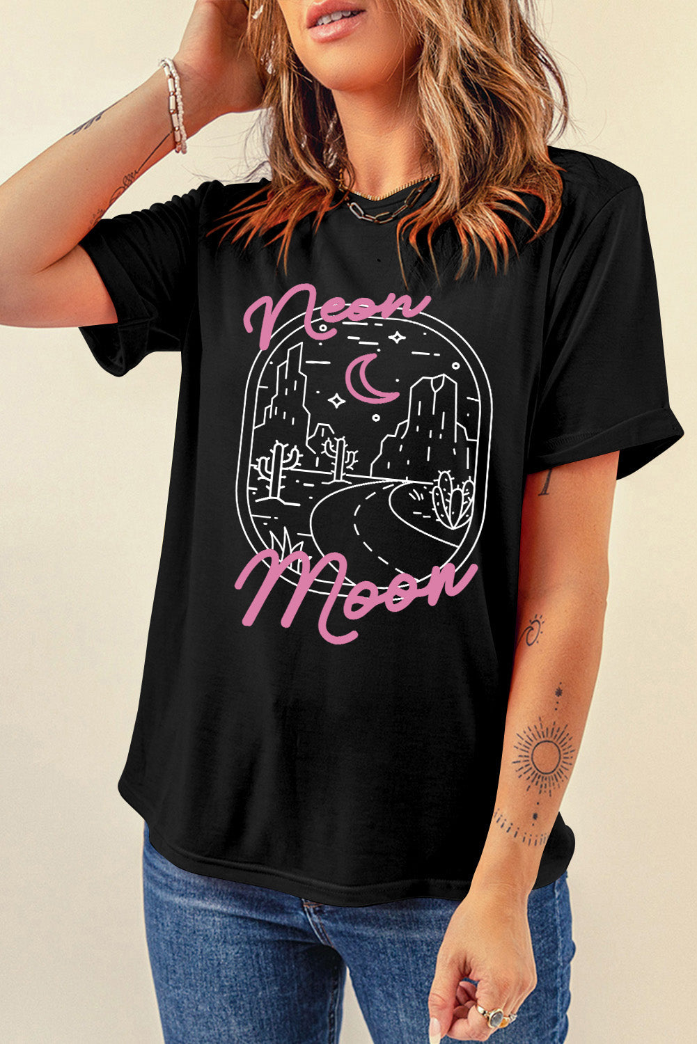 Tropical neon moon Letter Graphic Short Sleeve T Shirt