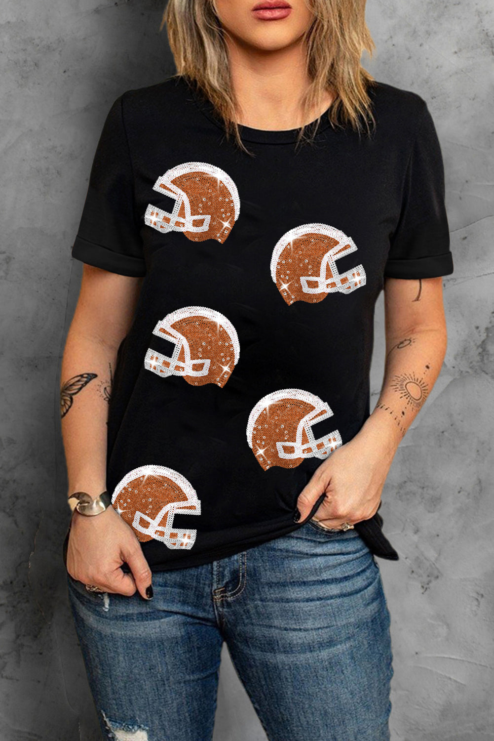 Sequin Baseball Helmet Graphic Crewneck T Shirt