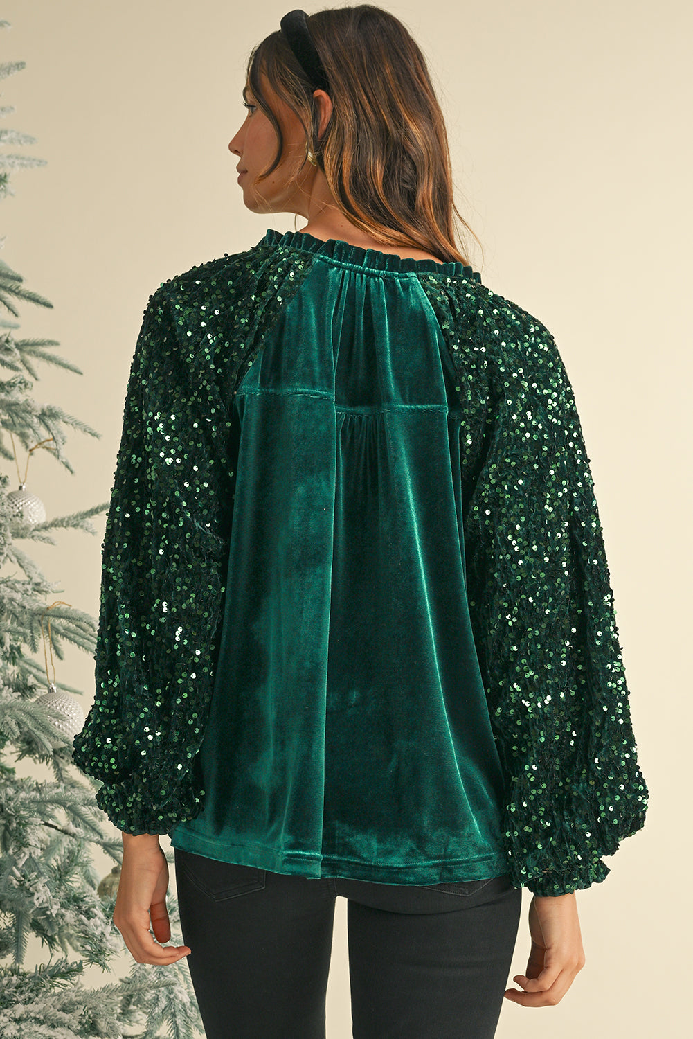 Dahlia Velvet Sequin Patchwork Sleeve Button Up Blouse