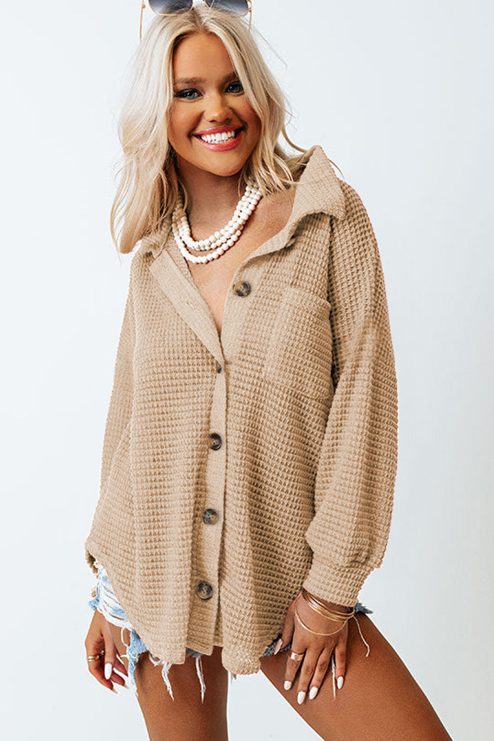 Plus Size Chest Pocket Waffle Knit Shirt