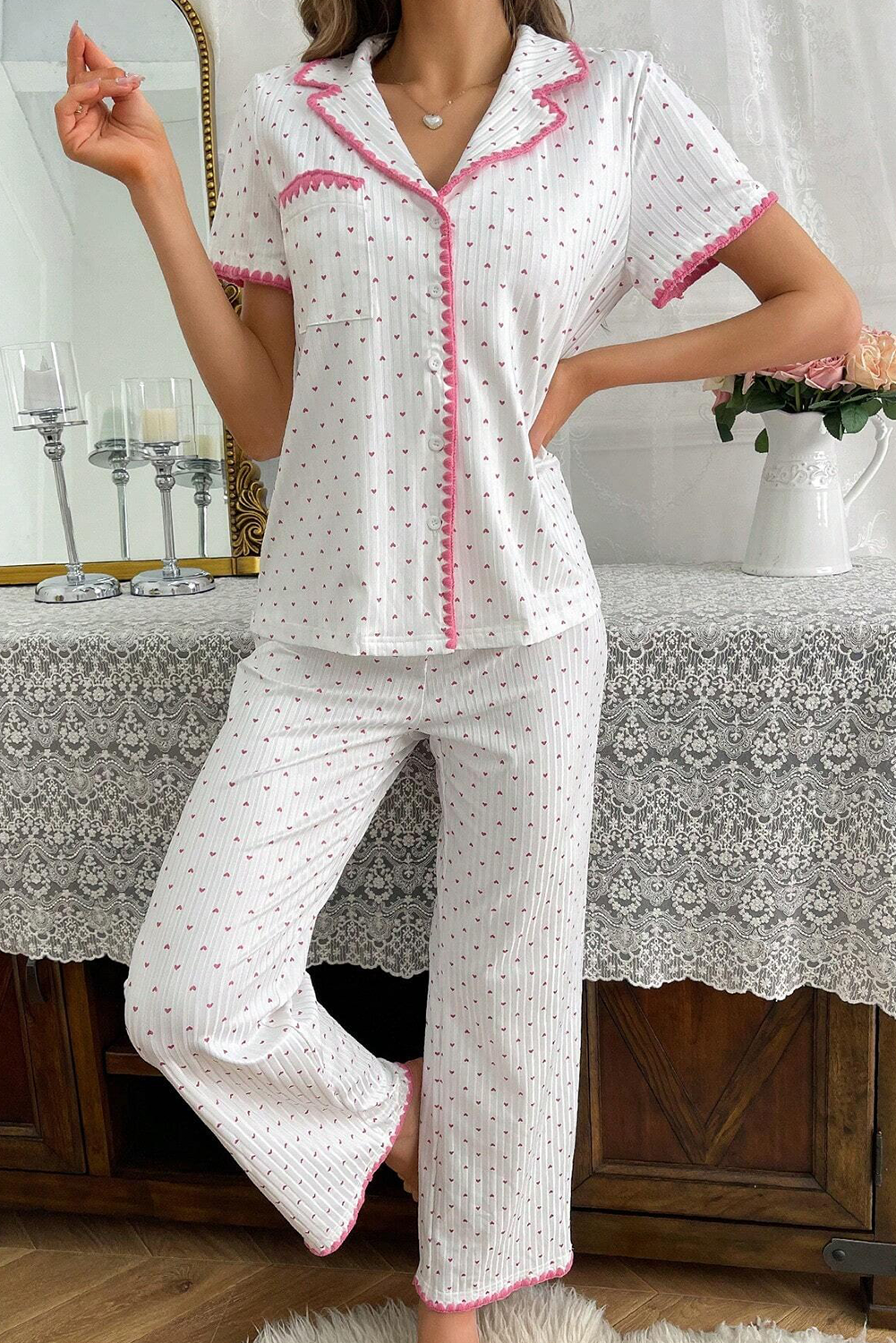 White Heart Print Contrast Trim Shirt and Pants Pajama Set