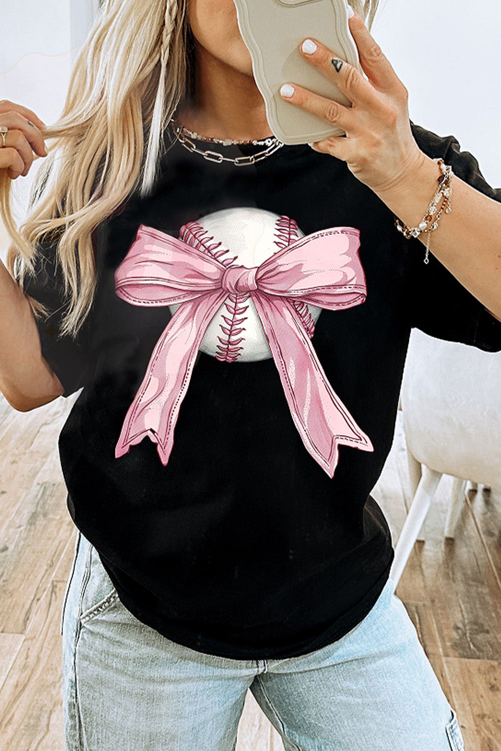 Black Baseball Bow Knot Graphic Crew Neck T Shirt